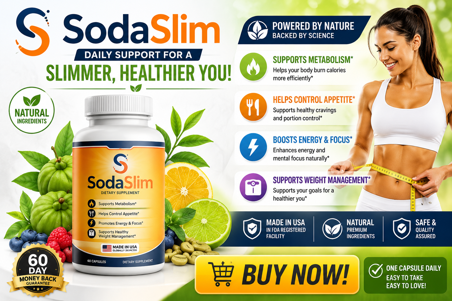 Soda Slim Capsules bottle with natural fruits and a fit woman measuring her waist